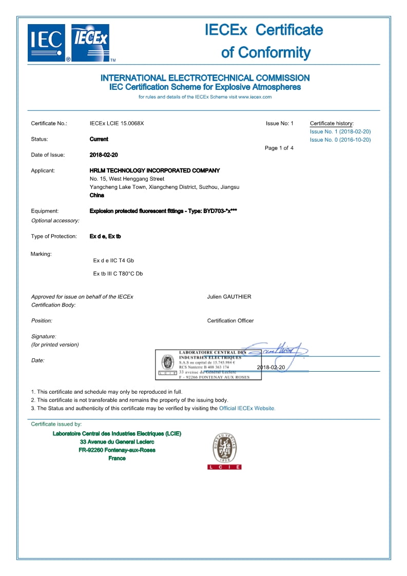 BYD703 Series Explosion-proof Fluorescent Lighting - IECEx Certificate